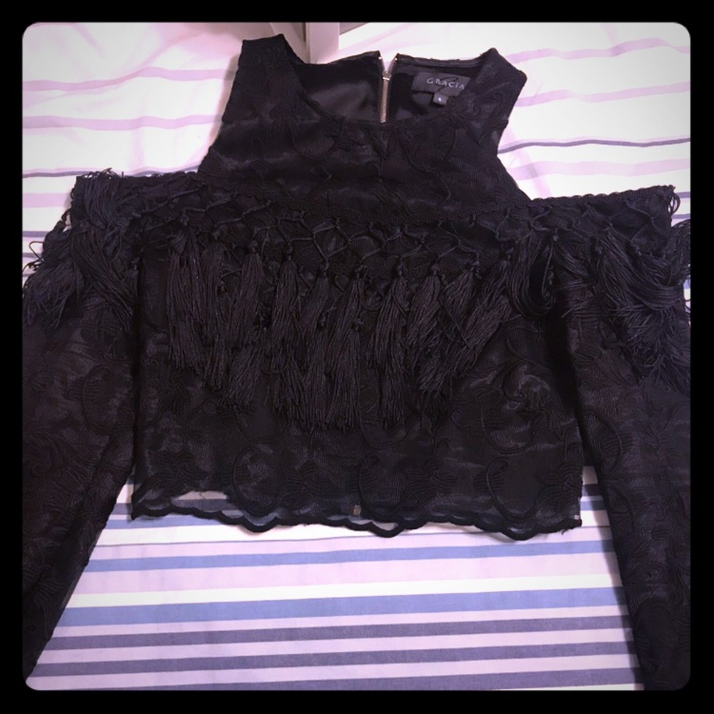 Gracia Black Lace top with fringe tassels